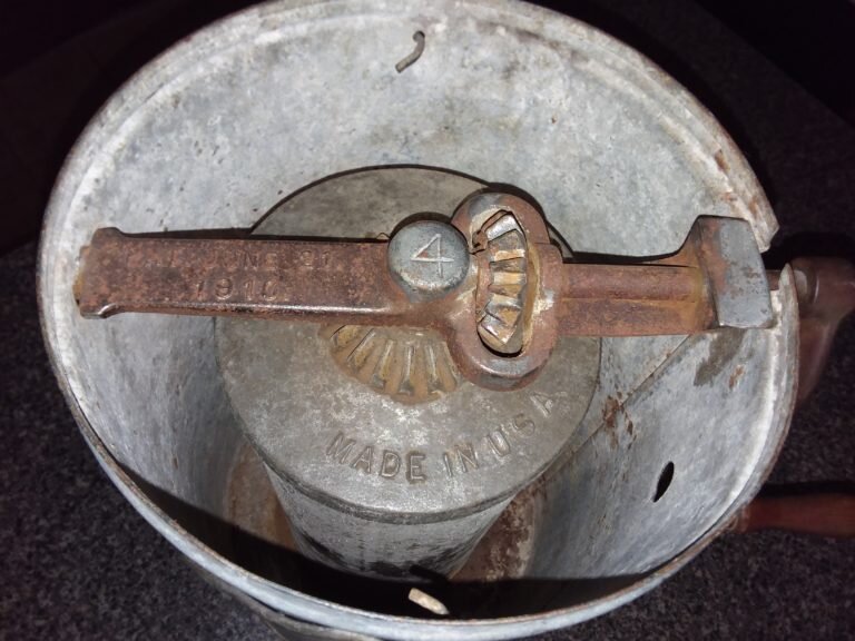 Inside the ice cream maker says, “Pat. June 21, 1910 Made in USA”